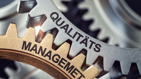 Zahnräder mit Aufschrift Management und Qualität